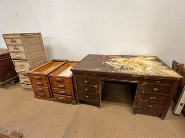 Antique Desk, Roll Top Parts, and File Cabinet