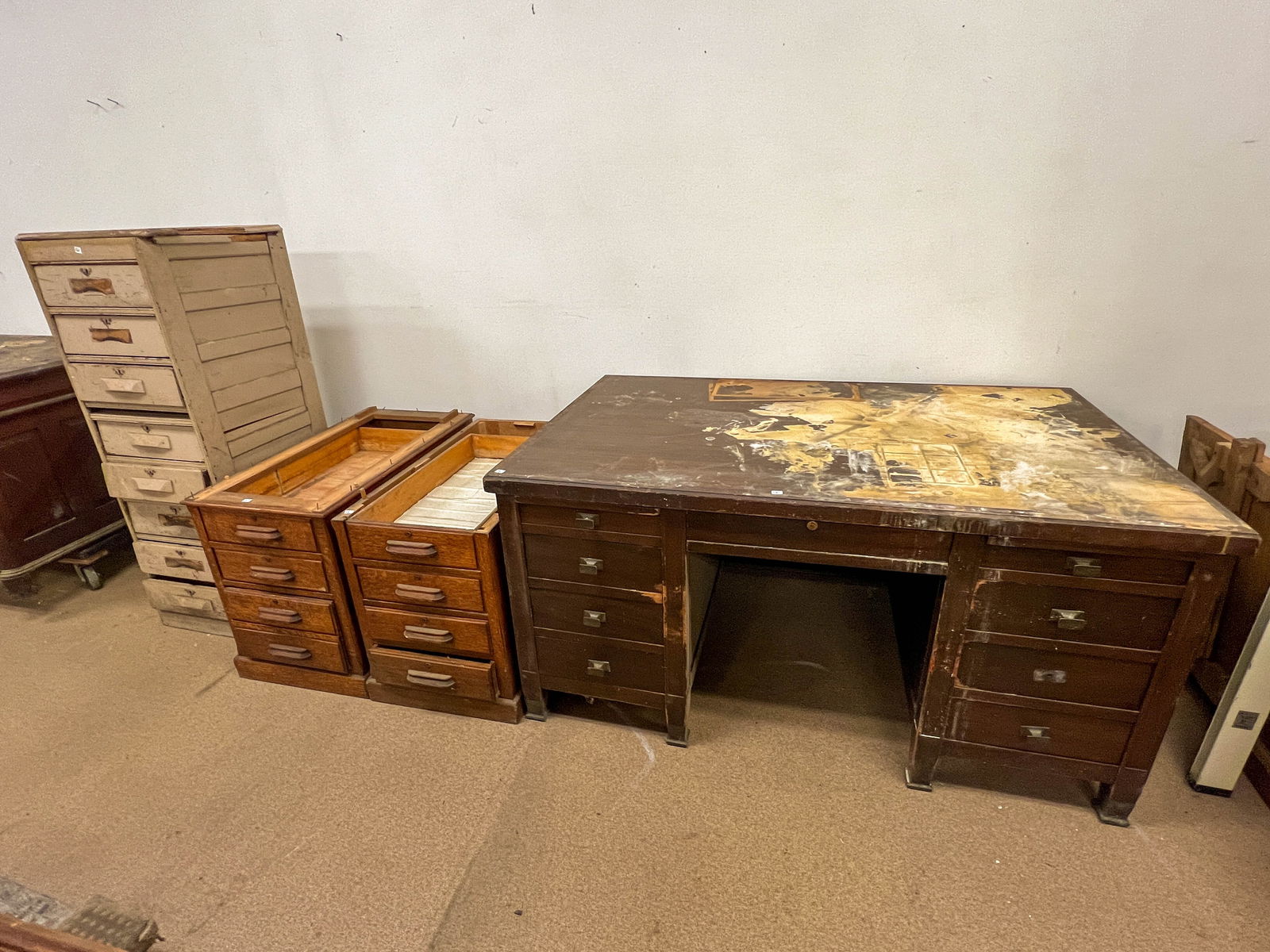 Antique Desk, Roll Top Parts, and File Cabinet: Antique desk, roll top parts, and file cabinet