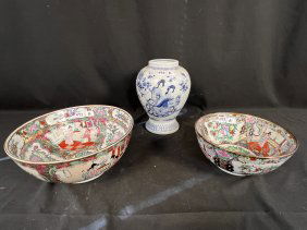 2 Oriental Bowls and a Vase Depicting Oriental Flowers and Geishas