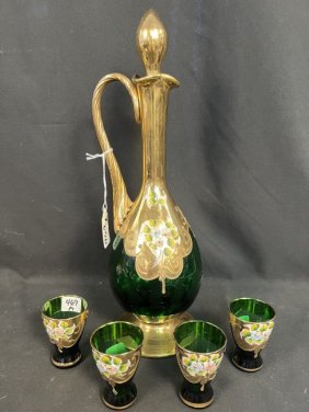 Quality Venetian Green Glass Decanter and 4 Cordials with Gold and Floral Enamel