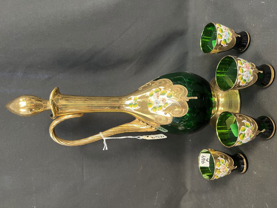 Quality Venetian Green Glass Decanter and 4 Cordials with Gold and Floral Enamel (1 of 2)