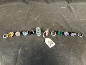 Lot of 12 Sterling Silver Rings with Various Colored Stones