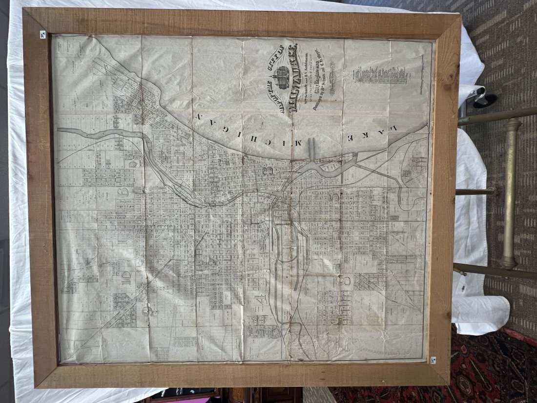 1860's-1870's Huge Map of Milwaukee: 1860's-1870's huge map of Milwaukee. Measures unframed 45"x39", framed 58"x44", good condition considering age, has creasing and some yellowing.