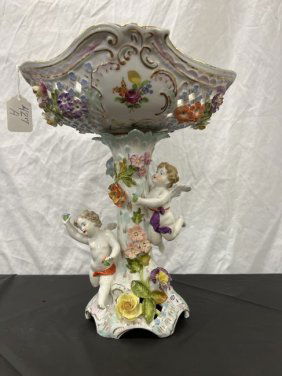 Lattice Work Oversized Dresden Compote with Winged Cupids, Flower Decorations