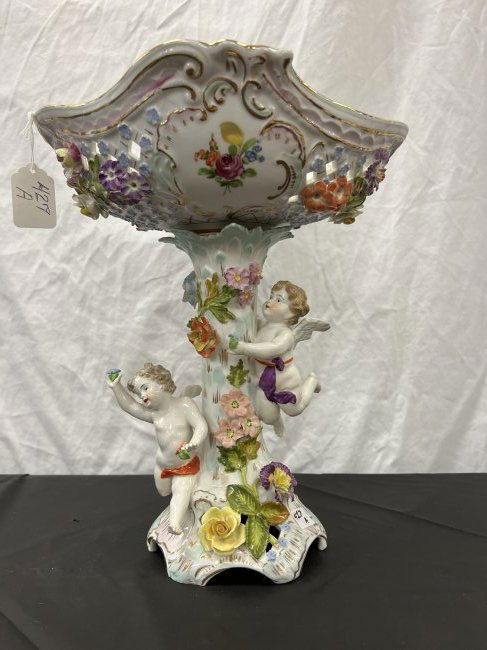 Lattice Work Oversized Dresden Compote with Winged Cupids, Flower Decorations (1 of 4)