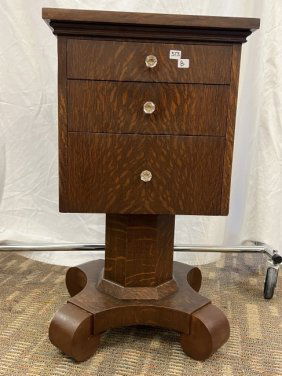 Tiger Oak Sewing Cabinet with Marble Top 3 Drawer Fitted Interior on Octagon Post