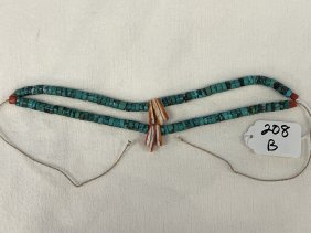 Turquoise and Coral Shell Double Strand Necklace Navajo Southwestern Antique
