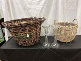 Two Large Decorative Baskets with Glass Display Stands