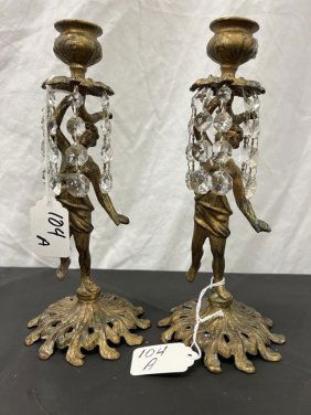 Pair of Victorian Figural Candlesticks with Crystal