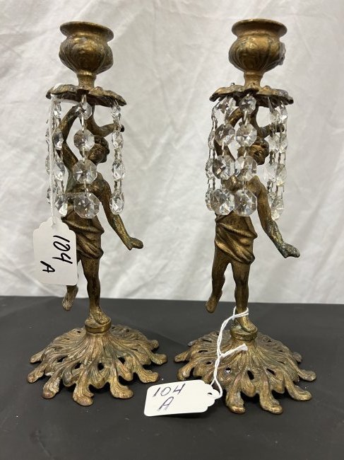 Pair of Victorian Figural Candlesticks with Crystal: Pair of Victorian figural candlesticks with crystals, measures 8.5"x4"