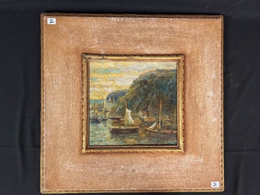 Paul King Oil On Board of a Seascape with Sail Boats and Grassy Cliffs