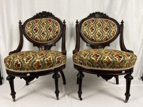 Herter Brothers Pair of Victorian Heavily Carved Parlor Chairs, 1860's