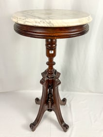Round Victorian Marble Top Walnut Table