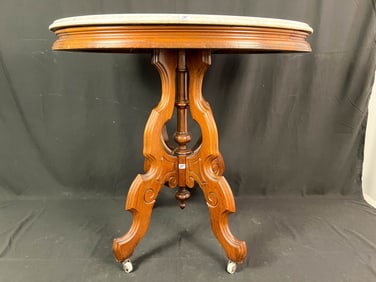 Oval Victorian Marble Top Walnut Table