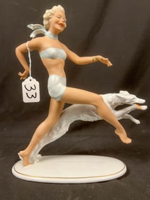Schaubach Kunst Large Deco Lady and Wolfhound Porcelain Sculpture