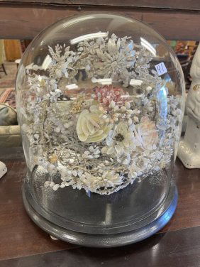 Large Victorian Glass Dome with Shell Floral Basket 1870s