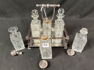 Early Cut Glass 6 Bottle Cruet Set in English Silverplate Holder