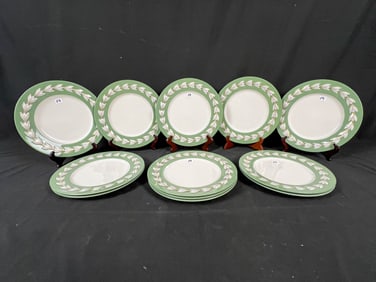 Set of 12 Green border Gold and White Laurel Wreath Plates by Lenox