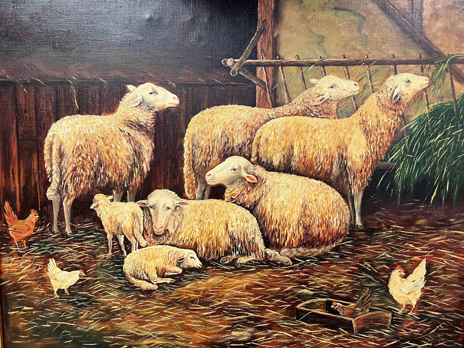 A.W. Gill Oil Painting of Farm Scene Featuring Sheep and Chicken (1 of 5)