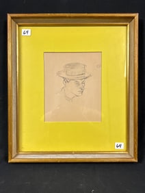 Framed and Matted Pencil Drawing of Man in Hat