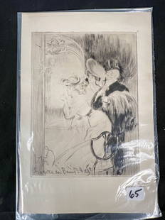 Original 1911 Louis Legrand Etching "La Loge": This etching from Gazette des Beaux-Arts Paris measures 10.5" X 7" and features two young Gibson Girl type ladies and their elderly chaperone at what appears to be a café. The engraving is signed by