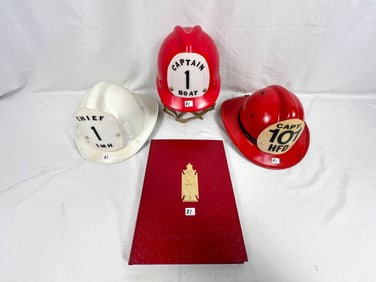 3 Vintage Fire hats and "Over Century Fire Service" Book