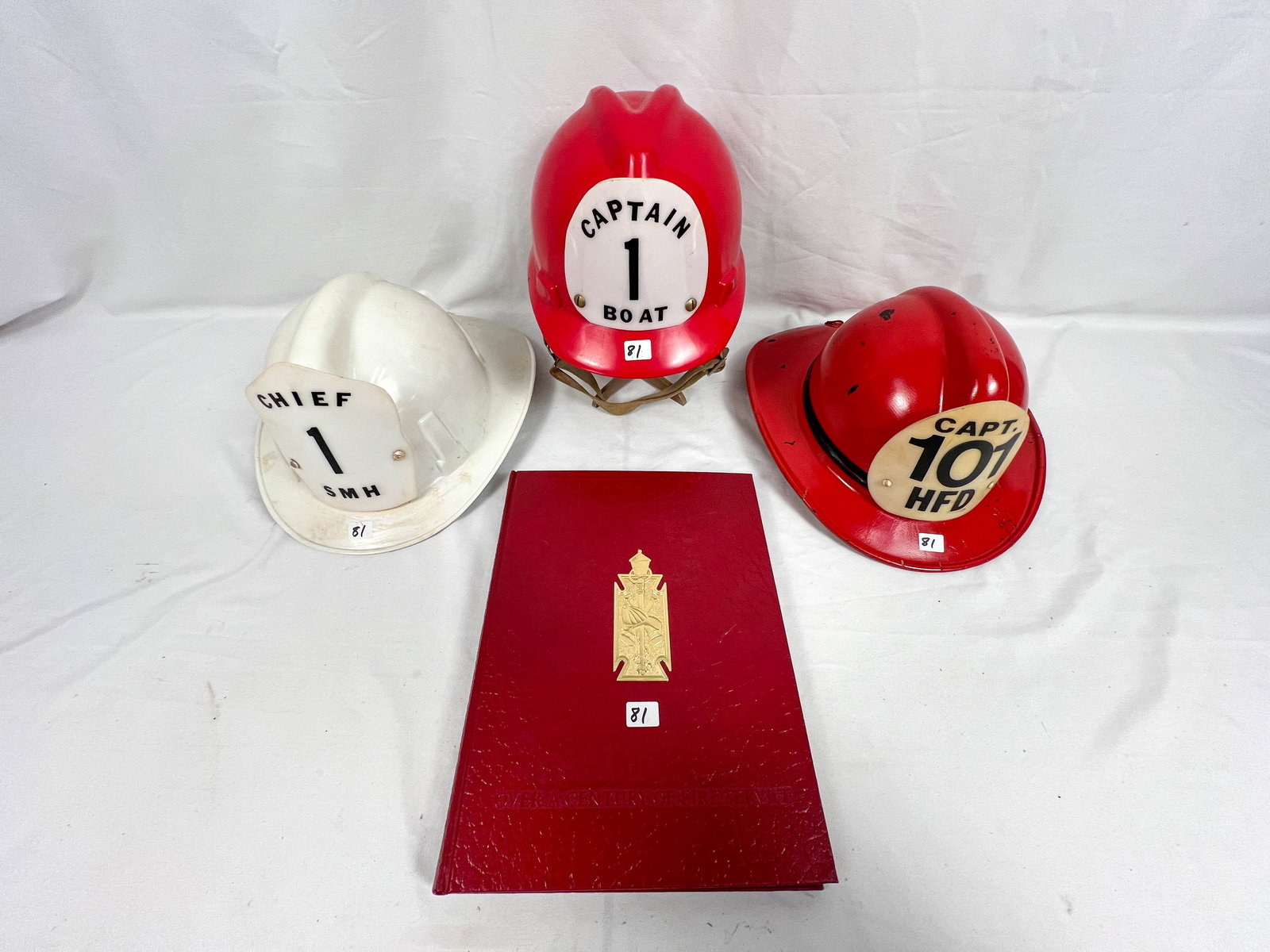 3 Vintage Fire hats and "Over Century Fire Service" Book (1 of 4)
