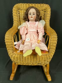 Antique Bisque Doll and Wicker Childs Rocker