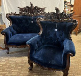 Rococo Full Eagle Carved Love Seat and Arm Chair