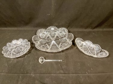 Immense Diamond Cut Crystal Bowl Along With Smaller Bowl and Relish Dish