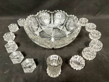 Cut Crystal Bowl with 2 Sets of Salt Sellers and Toothpick Holder
