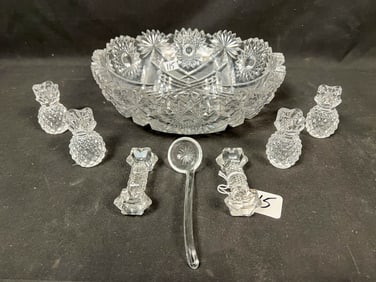 Brilliant Cut Crystal Bowl, 4 pineapple Candle Holders, 2 Cut Crystal Knife Rests and a Smaller Cut