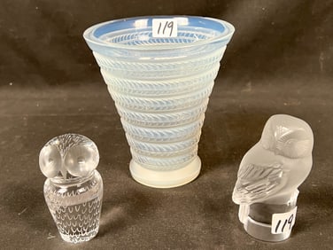 R. Lalique France Frosted Opalescent Vase with a Lalique Owl and a Kosta Boda Linestrand owl