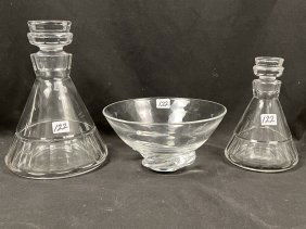 Baccarat France Pair of Graduated Decanters and Signed Steuben Bowl