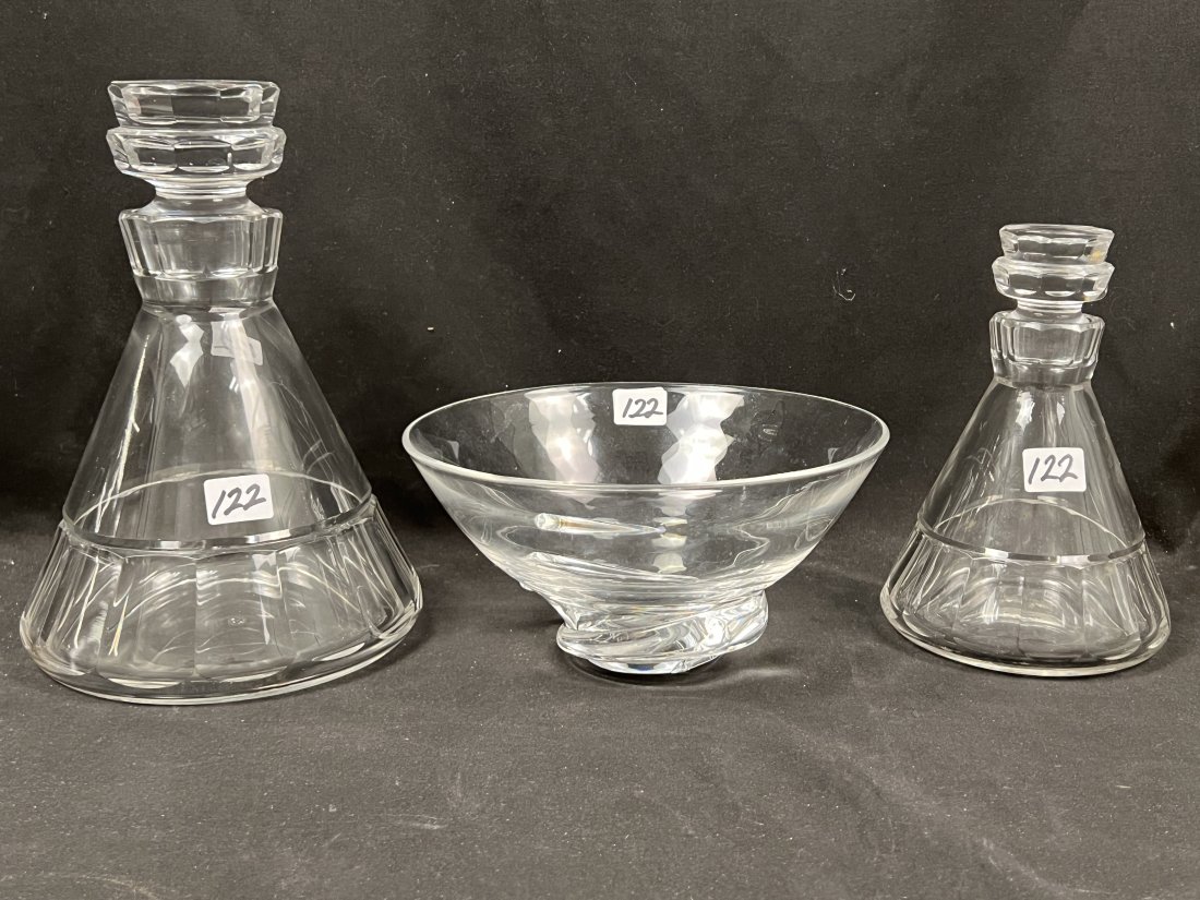 Baccarat France Pair of Graduated Decanters and Signed Steuben Bowl (1 of 4)