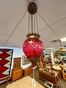 Cranberry Hobnail Pull Down Hall Fixture