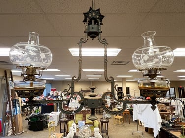 Early Cast Iron 2-Arm Oil Chandelier