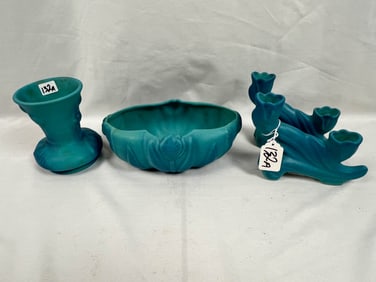 Van Briggle Molded Turquoise Candlesticks/Bowl-Turquoise