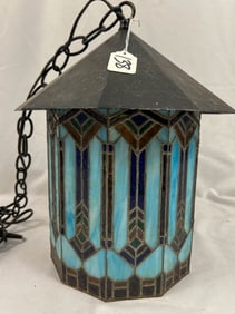 Antique Arts and Crafts Metal and Stained Glass Hanging Lamp