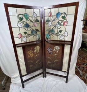 Art nouveau Arts & Crafts 2 panel screen with stained glass panels with 3D morning glories
