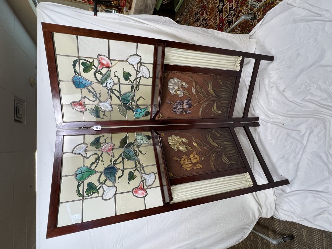 Art nouveau Arts & Crafts 2 panel screen with stained glass panels with 3D morning glories (1 of 8)