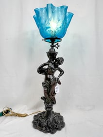 Blue ruffled edge floral acid cut shade on figural newel post