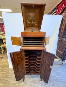 Rare Table Top Victrola with Fitted Base Record Cabinet Oak