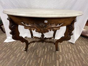 Attributed to Mitchell & Rummelsberg Carved Marble Top Walnut Table