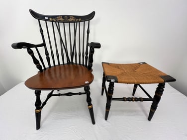 Ethan Allen Black Painted Planked Seat and Stenciled Arm Chair