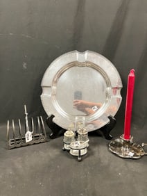 4 Piece Silverplate Lot-Toast Rack, Condiment Caddy, Candle Holder, Round Serving Tray.