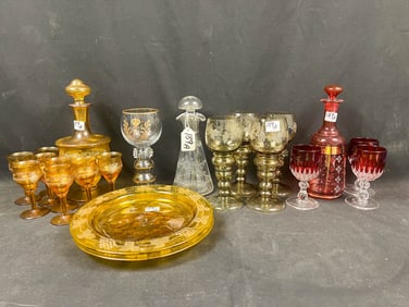 Cranberry etched decanter, 8 glasses