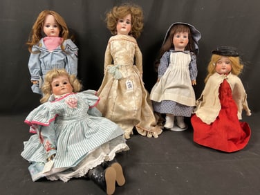 5 Bisque Head Dolls in Beautiful Clothes
