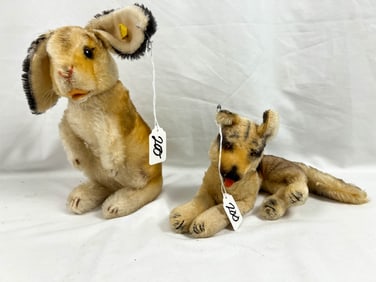 Steiff Rabbit with Silver Button and Tag along with German Shepherd in Repose