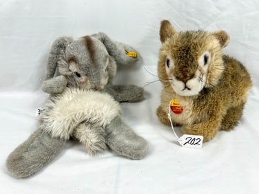 2 Steiff Rabbits, One Puppet with Tags and Brass Buttons